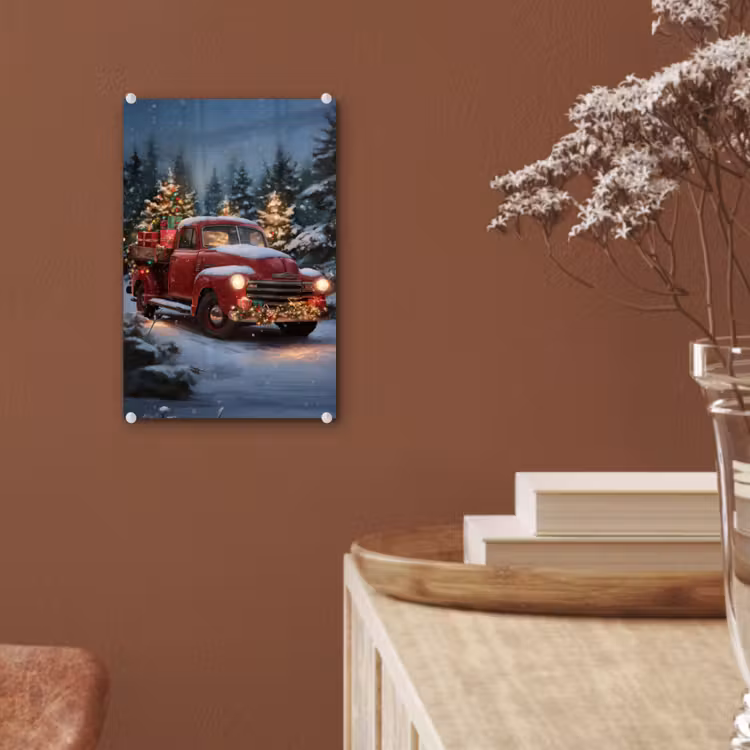 Glas schilderij - Kersttruck - Sneeuwbos - Rood — 6