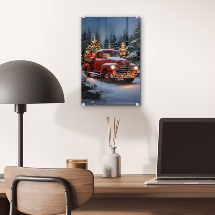 Glas schilderij - Kersttruck - Sneeuwbos - Rood — 7