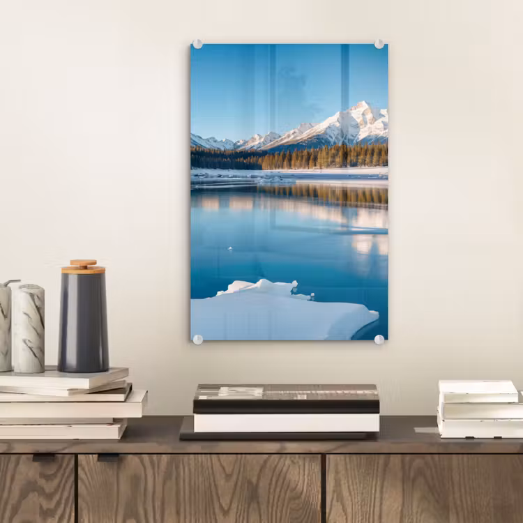 Glas schilderij - Landschap - Winter - Meer - Bergen - Uitzicht - IJs — 2
