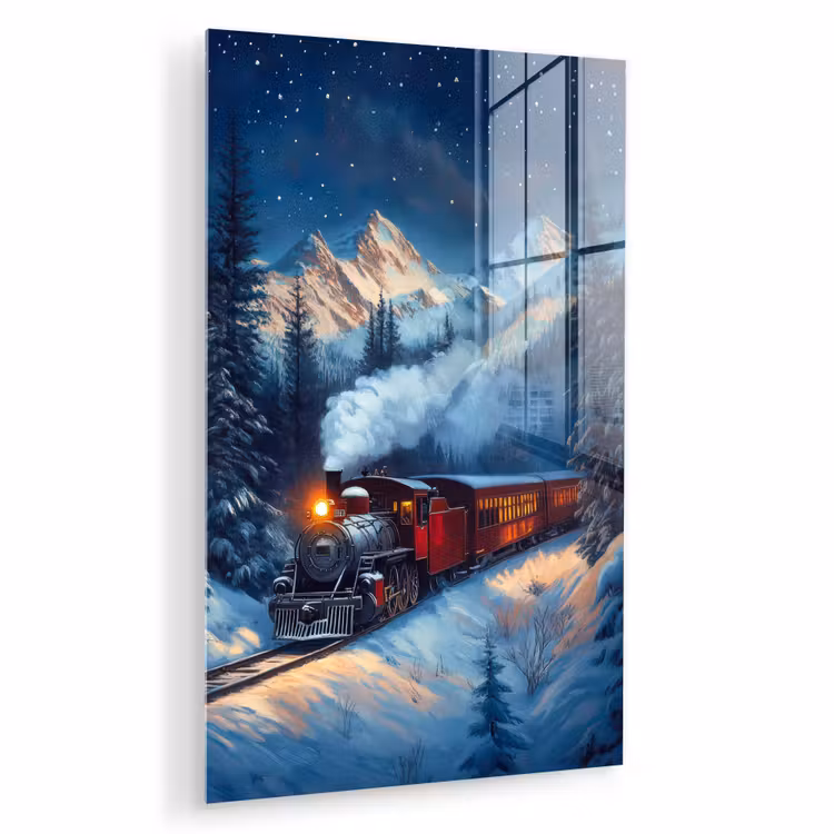 Glas schilderij - Trein - Kerst - Sneeuw - Kersttrein — 1