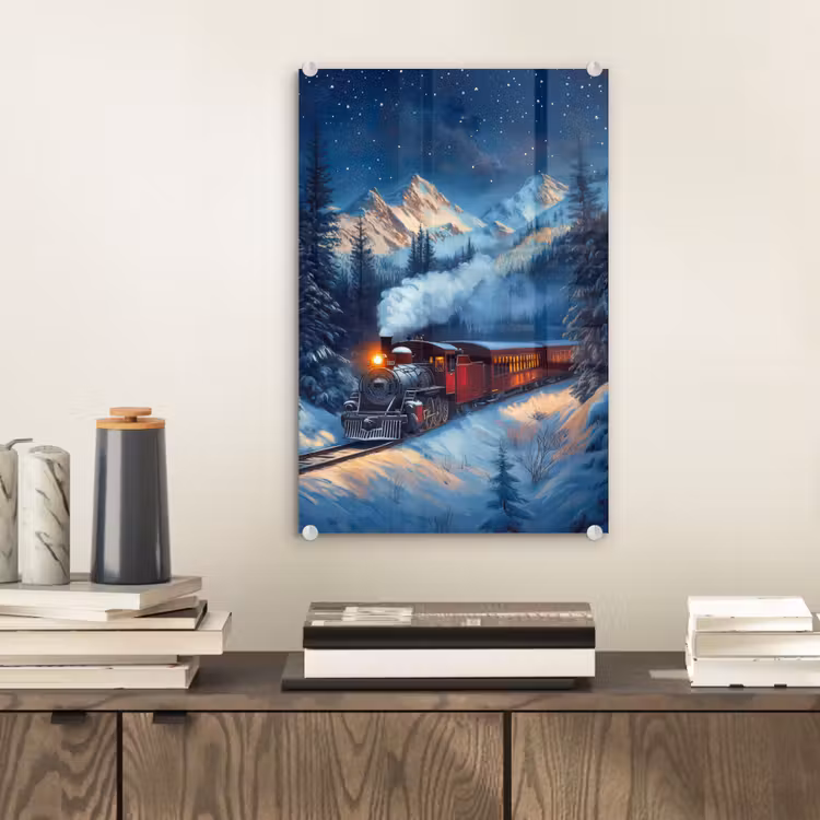 Glas schilderij - Trein - Kerst - Sneeuw - Kersttrein — 2