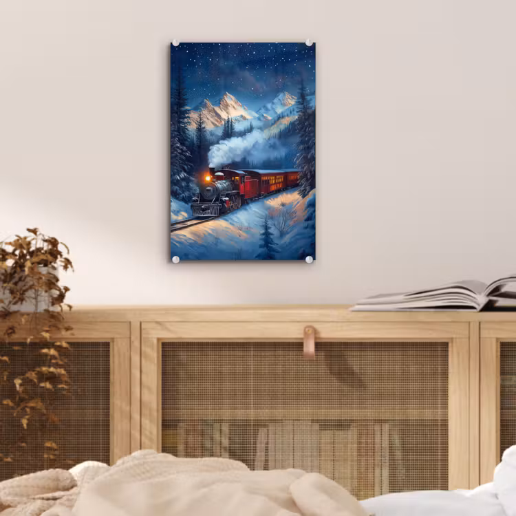 Glas schilderij - Trein - Kerst - Sneeuw - Kersttrein — 5