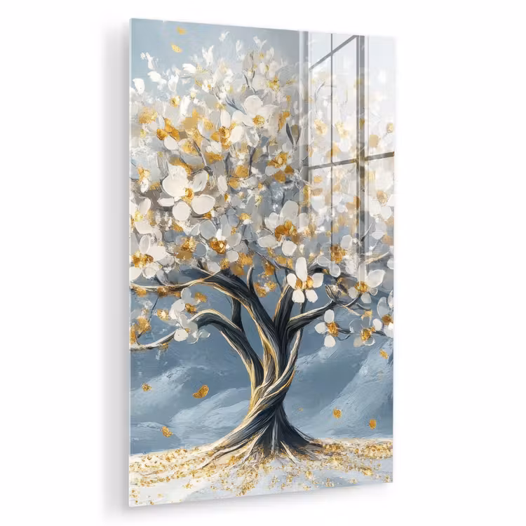 Glas schilderij - Boom - Winter - Levensboom - Modern - Goud — 1