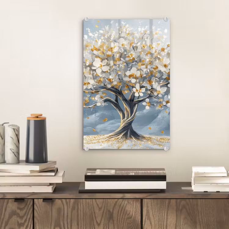 Glas schilderij - Boom - Winter - Levensboom - Modern - Goud — 2