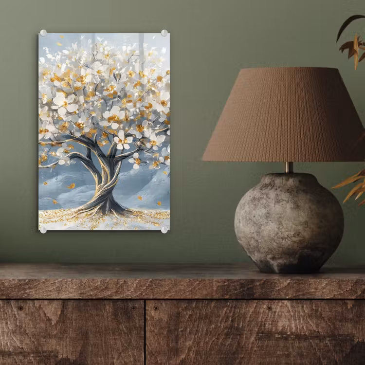Glas schilderij - Boom - Winter - Levensboom - Modern - Goud — 4