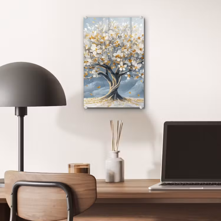 Glas schilderij - Boom - Winter - Levensboom - Modern - Goud — 7