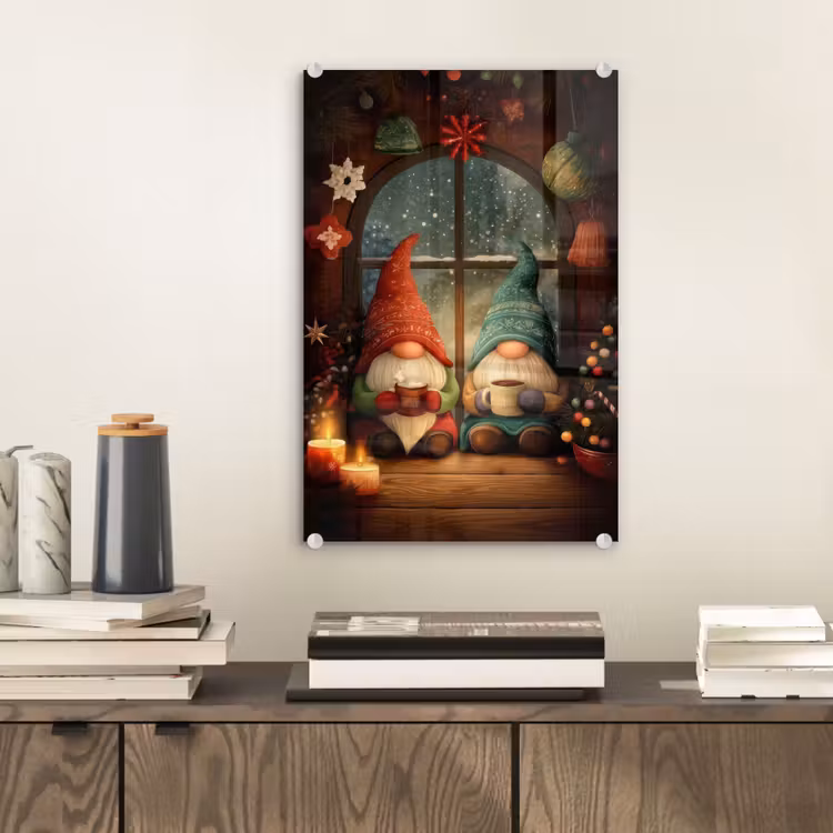 Glas schilderij - Gnooms - Kerst - Raam - Kleurrijk — 2