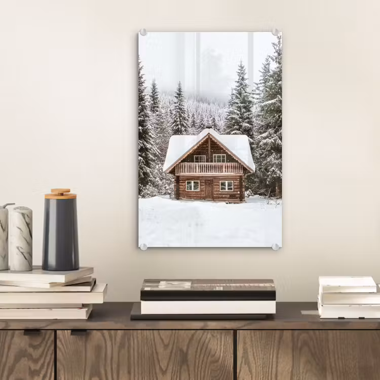 Glas schilderij - Huis - Bos - Winter - Natuur - Sneeuw — 2