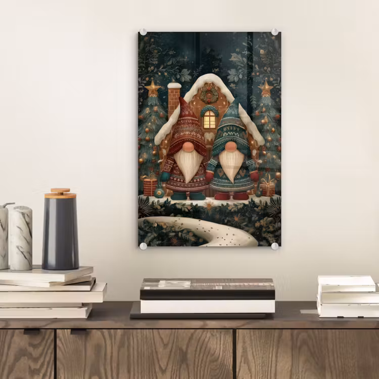 Glas schilderij - Kerst - Gnomen - Peperkoekhuisje - Rood - Groen — 2