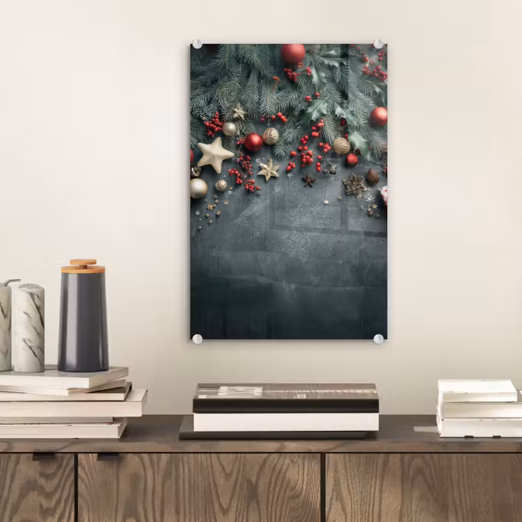 Glas schilderij - Kerstomlijsting - Hulst - Kleurrijk — 2