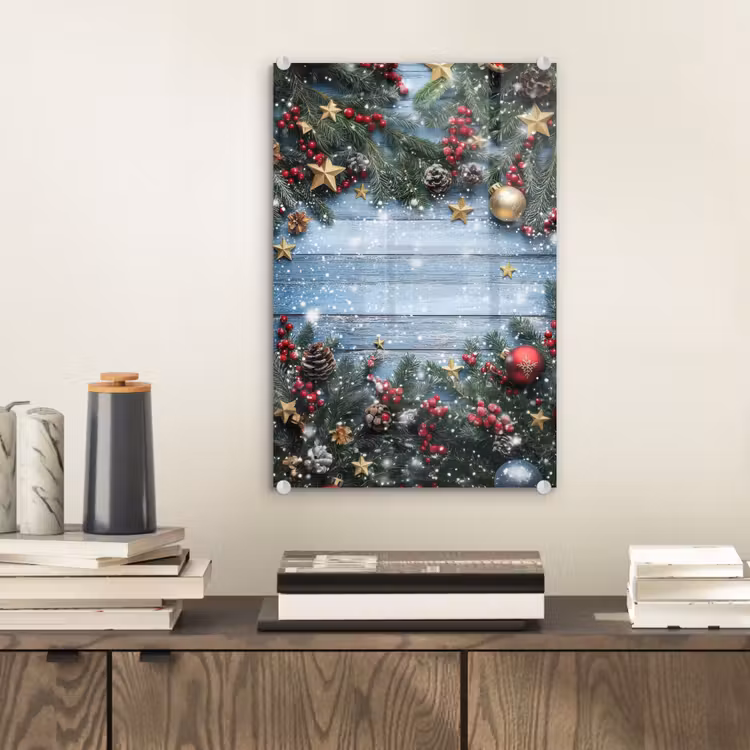 Glas schilderij - Kerstomlijsting - Sneeuw - Meerkleurig — 2