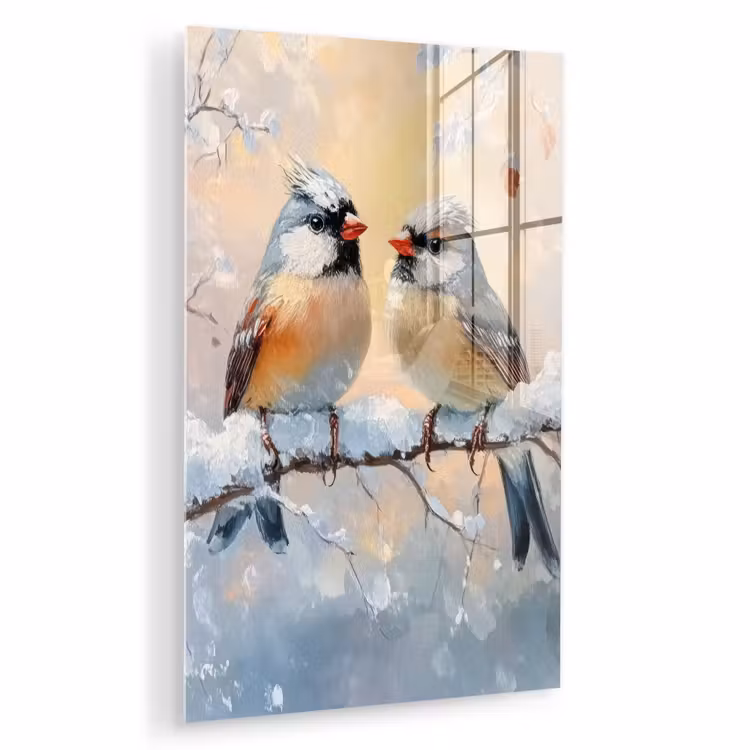 Glas schilderij - Vogels - Tak - Winter - Sneeuw — 1