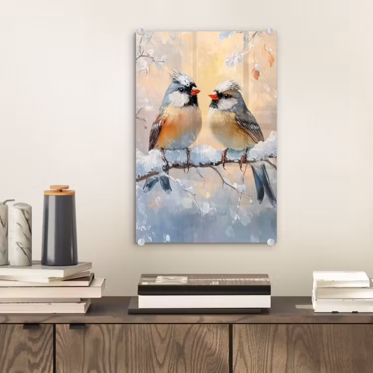 Glas schilderij - Vogels - Tak - Winter - Sneeuw — 2