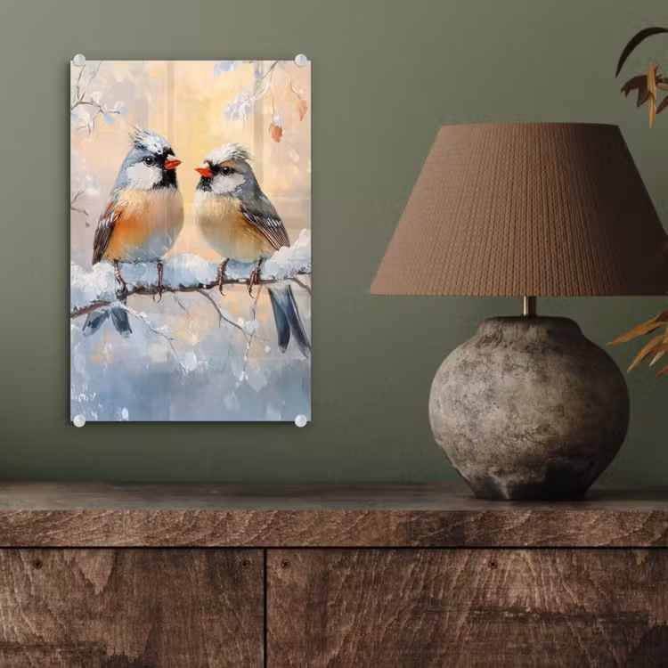 Glas schilderij - Vogels - Tak - Winter - Sneeuw — 4