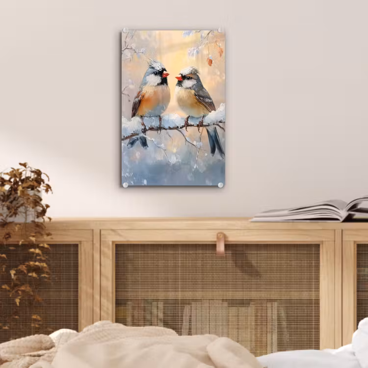 Glas schilderij - Vogels - Tak - Winter - Sneeuw — 5