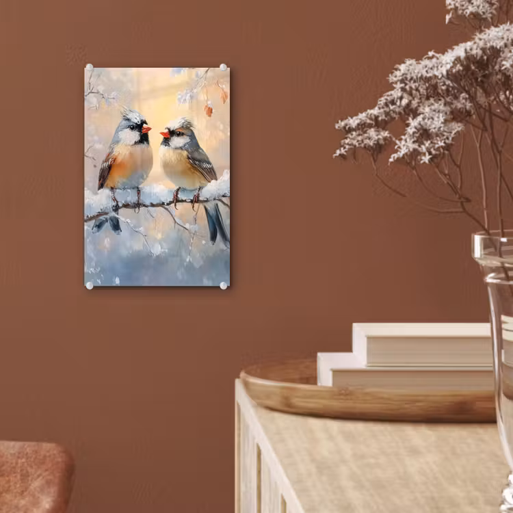 Glas schilderij - Vogels - Tak - Winter - Sneeuw — 6