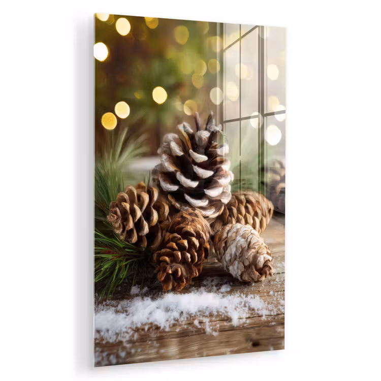 Glas schilderij - Dennenappels - Kerstsfeer - Bruin - Groen — 1