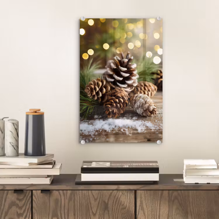 Glas schilderij - Dennenappels - Kerstsfeer - Bruin - Groen — 2