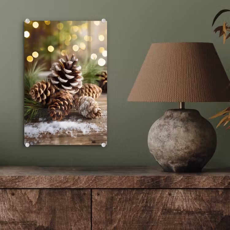 Glas schilderij - Dennenappels - Kerstsfeer - Bruin - Groen — 4