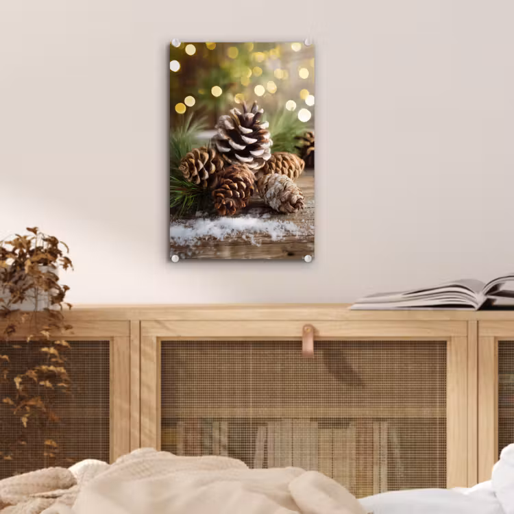 Glas schilderij - Dennenappels - Kerstsfeer - Bruin - Groen — 5