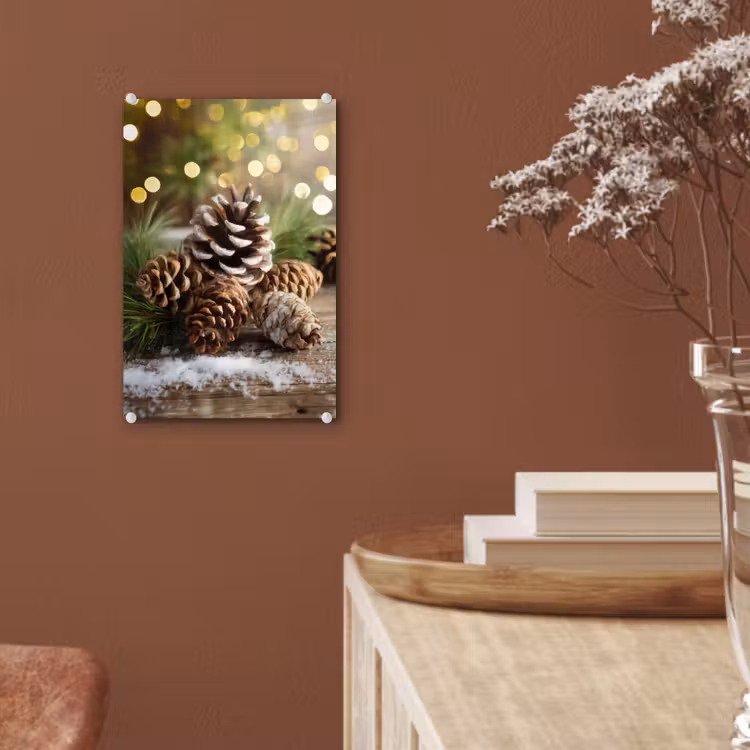 Glas schilderij - Dennenappels - Kerstsfeer - Bruin - Groen — 6