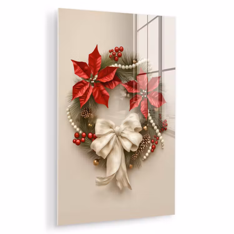 Glas schilderij - Deurkrans - Strik - Kerst - Rood - Groen — 1