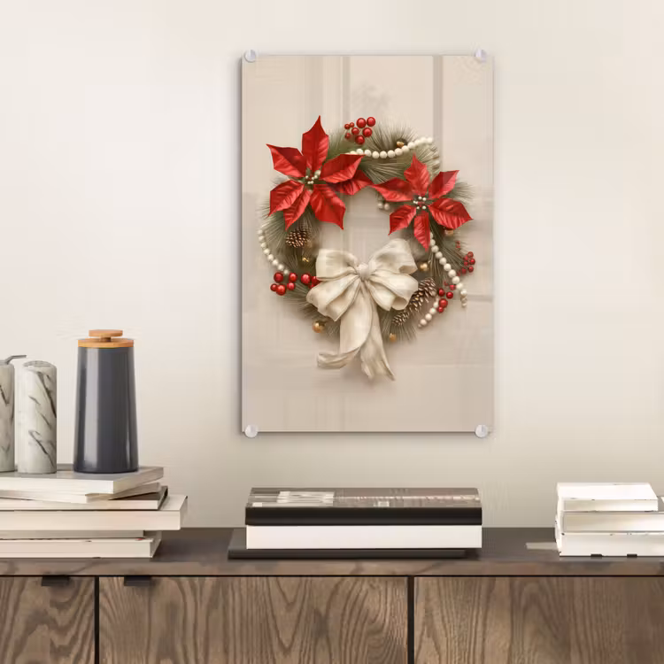 Glas schilderij - Deurkrans - Strik - Kerst - Rood - Groen — 2