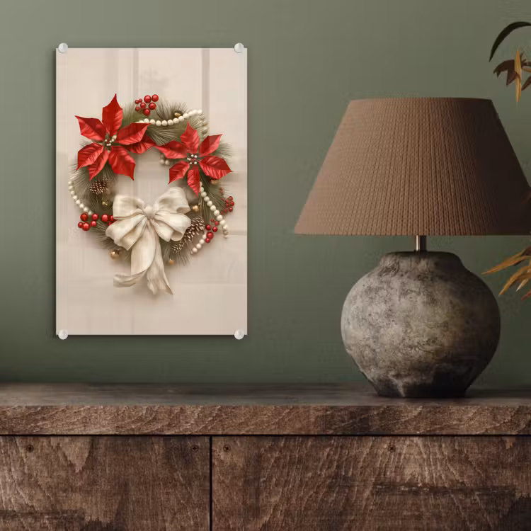 Glas schilderij - Deurkrans - Strik - Kerst - Rood - Groen — 4