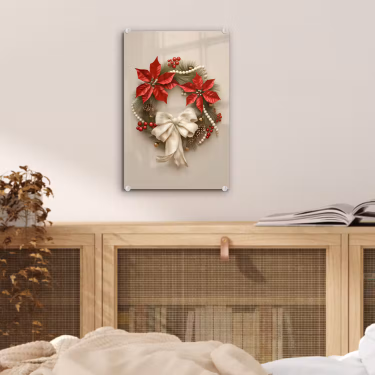 Glas schilderij - Deurkrans - Strik - Kerst - Rood - Groen — 5