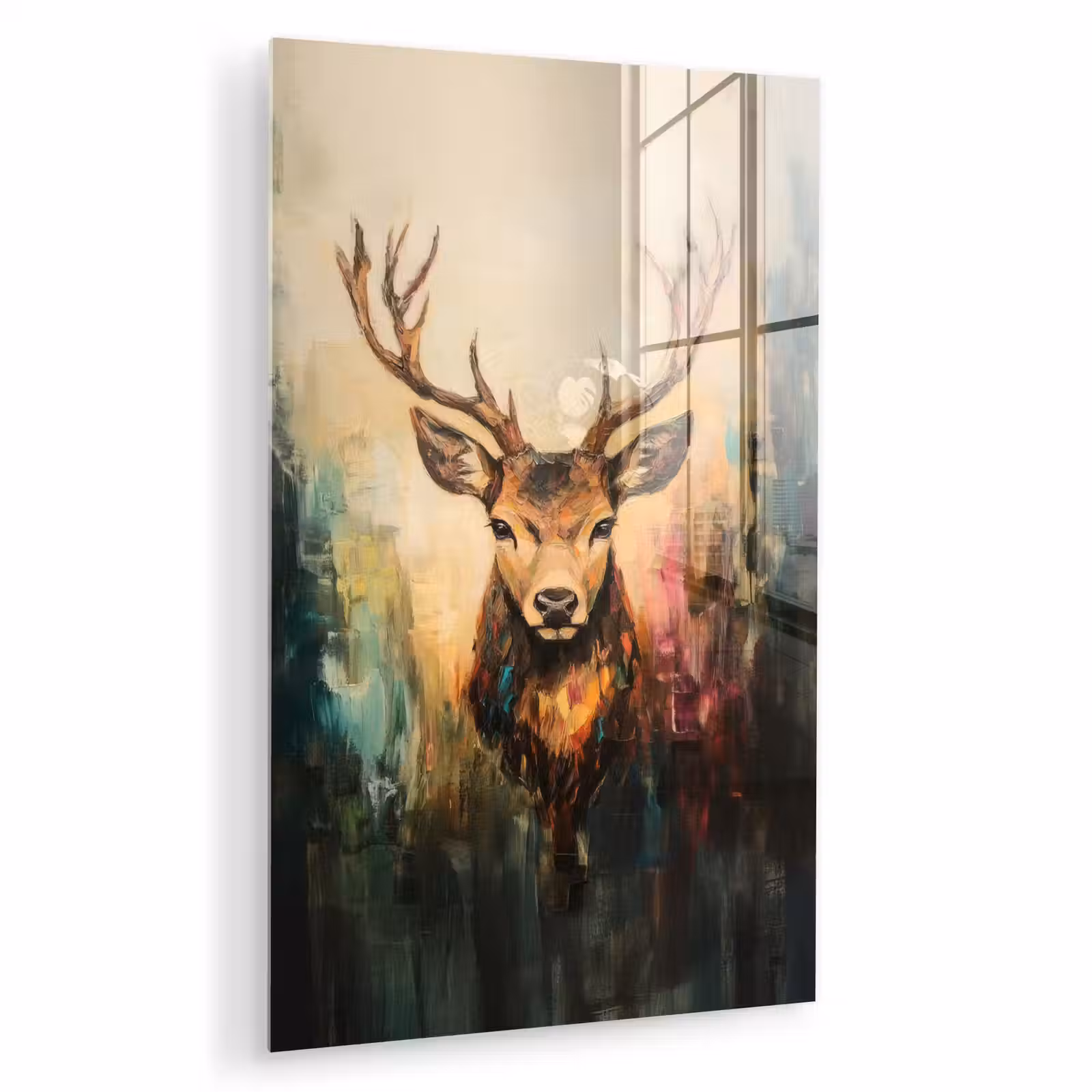 Glas schilderij - Hert - Geverfd - Gewei - Bruin — 1