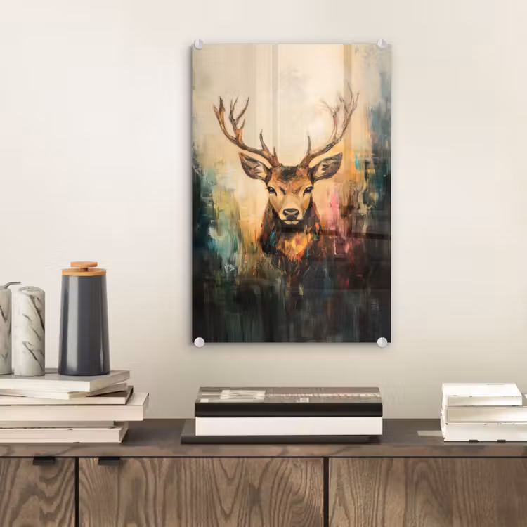 Glas schilderij - Hert - Geverfd - Gewei - Bruin — 2