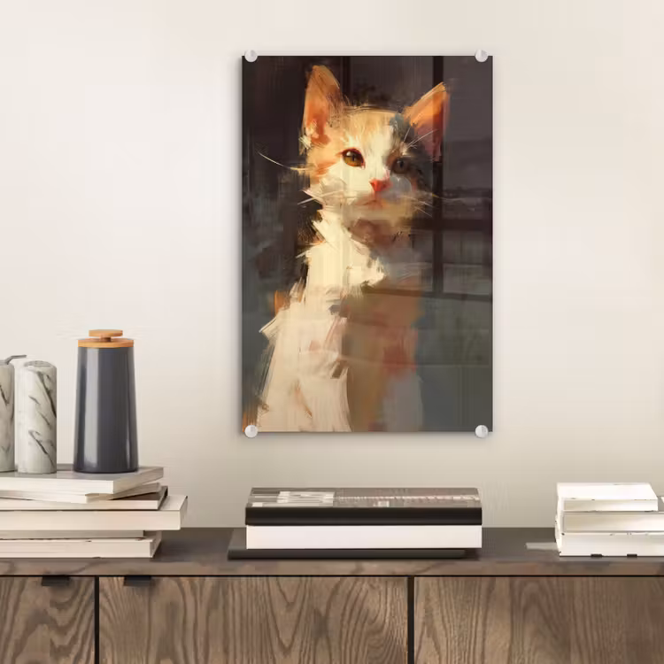 Glas schilderij - Kat - Geschilderd - Artistiek - Wit — 2