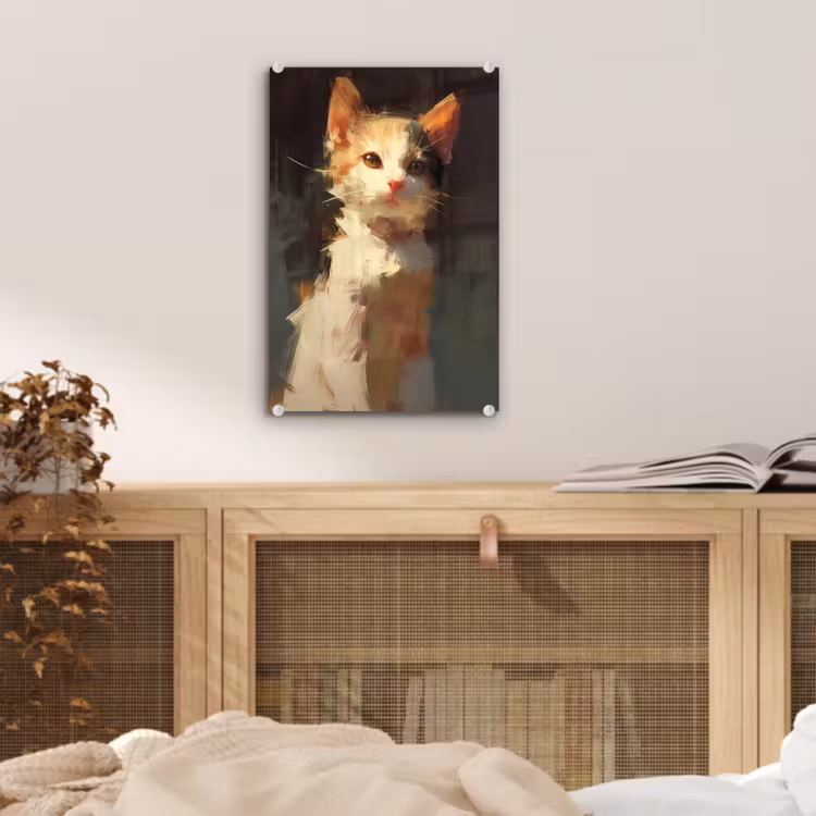 Glas schilderij - Kat - Geschilderd - Artistiek - Wit — 5