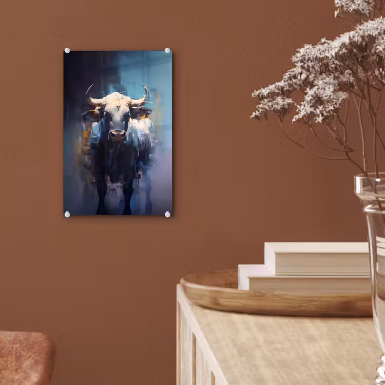 Glas schilderij - Stier - Zwart - Abstract - Horens — 6