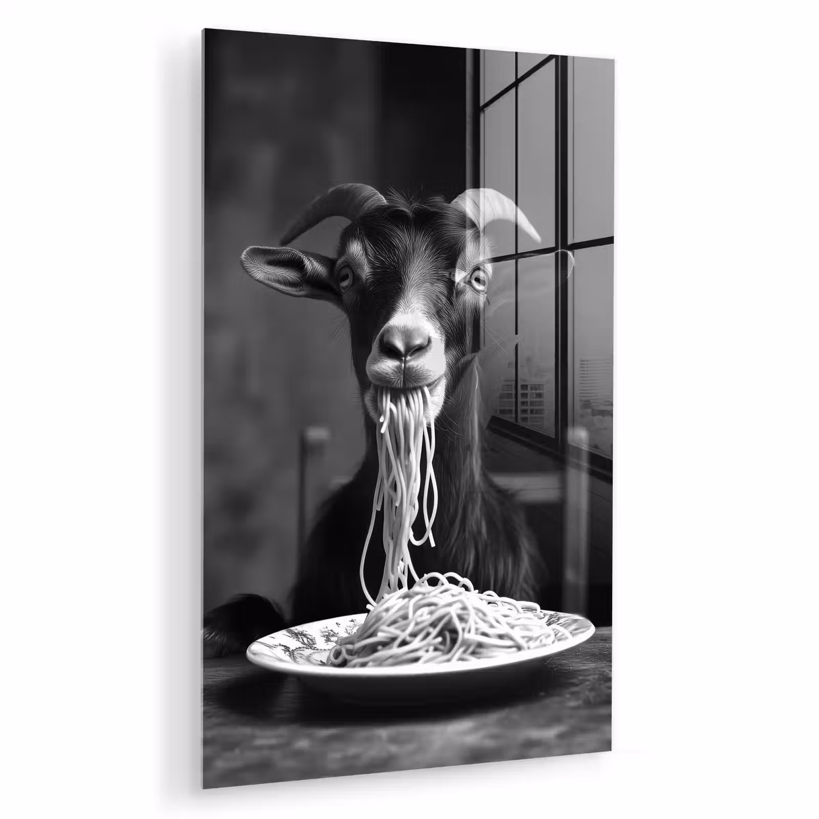 Glas schilderij - Geit - Bord - Spaghetti - Zwart Wit — 1