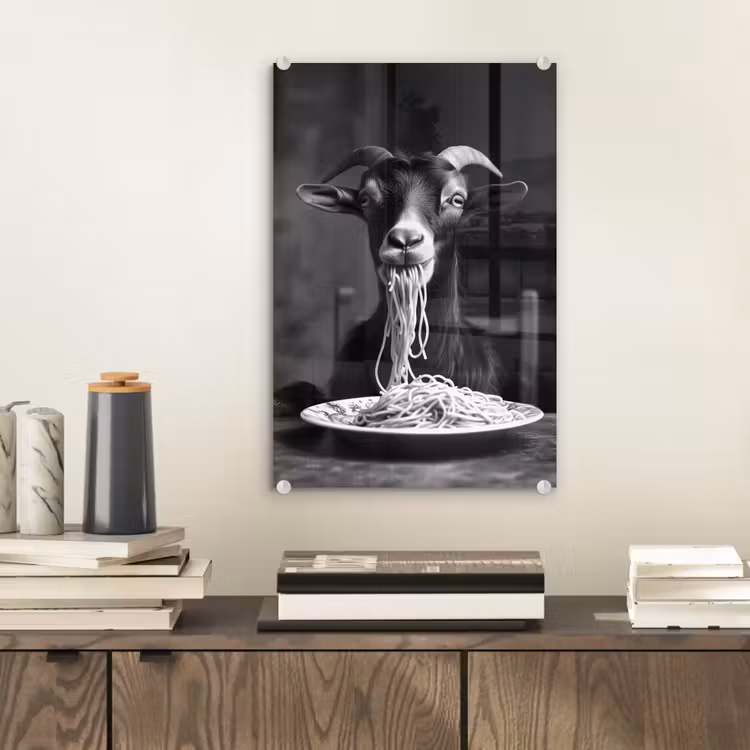 Glas schilderij - Geit - Bord - Spaghetti - Zwart Wit — 2