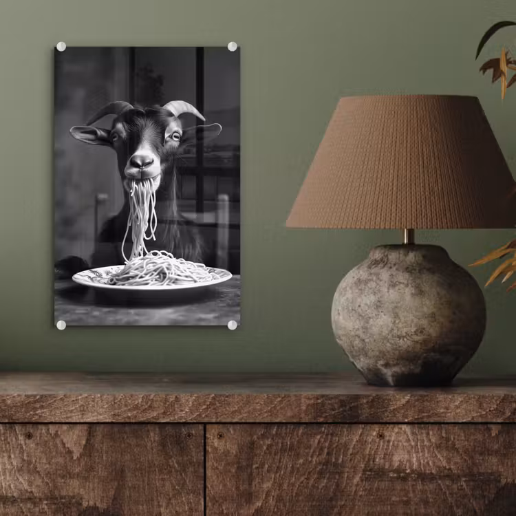 Glas schilderij - Geit - Bord - Spaghetti - Zwart Wit — 4