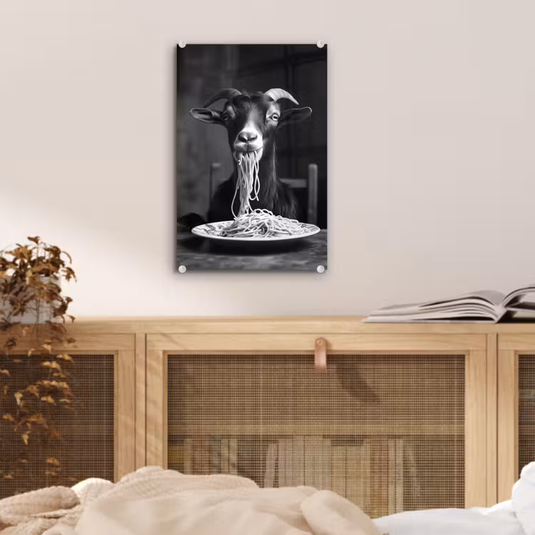Glas schilderij - Geit - Bord - Spaghetti - Zwart Wit — 5
