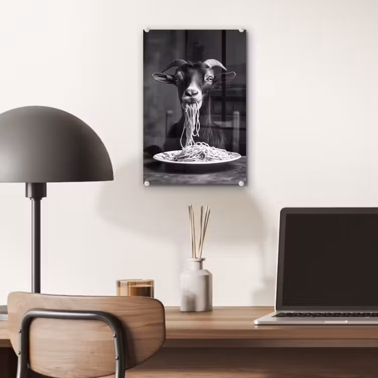 Glas schilderij - Geit - Bord - Spaghetti - Zwart Wit — 7