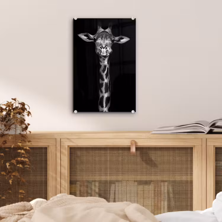Glas schilderij - Giraffe - Portret - Dieren - Zwart - Wit — 5