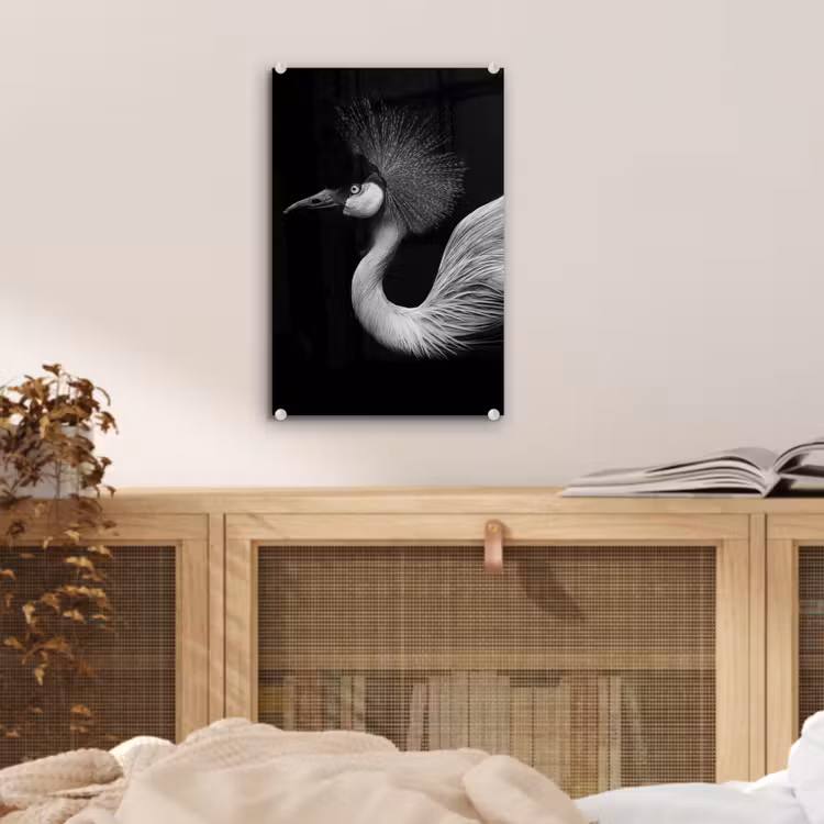 Glas schilderij - Kraanvogel - Zwart - Wit - Vogel - Dieren — 5