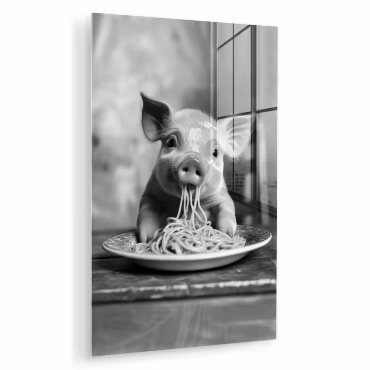Glas schilderij - Varken - Schattig - Spaghetti - Zwart wit - Dier — 1
