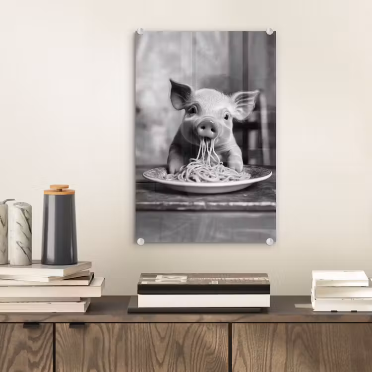 Glas schilderij - Varken - Schattig - Spaghetti - Zwart wit - Dier — 2