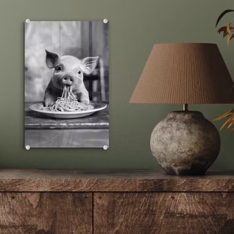 Glas schilderij - Varken - Schattig - Spaghetti - Zwart wit - Dier — 4