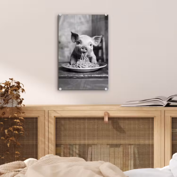 Glas schilderij - Varken - Schattig - Spaghetti - Zwart wit - Dier — 5
