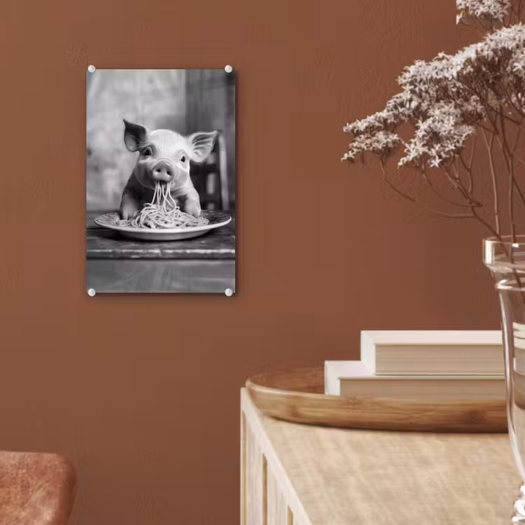 Glas schilderij - Varken - Schattig - Spaghetti - Zwart wit - Dier — 6