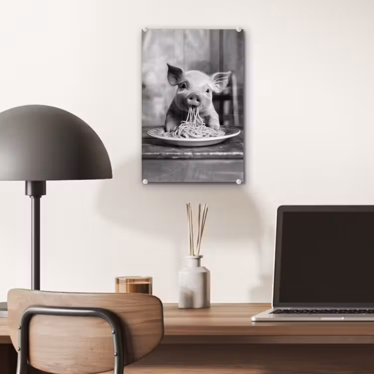 Glas schilderij - Varken - Schattig - Spaghetti - Zwart wit - Dier — 7