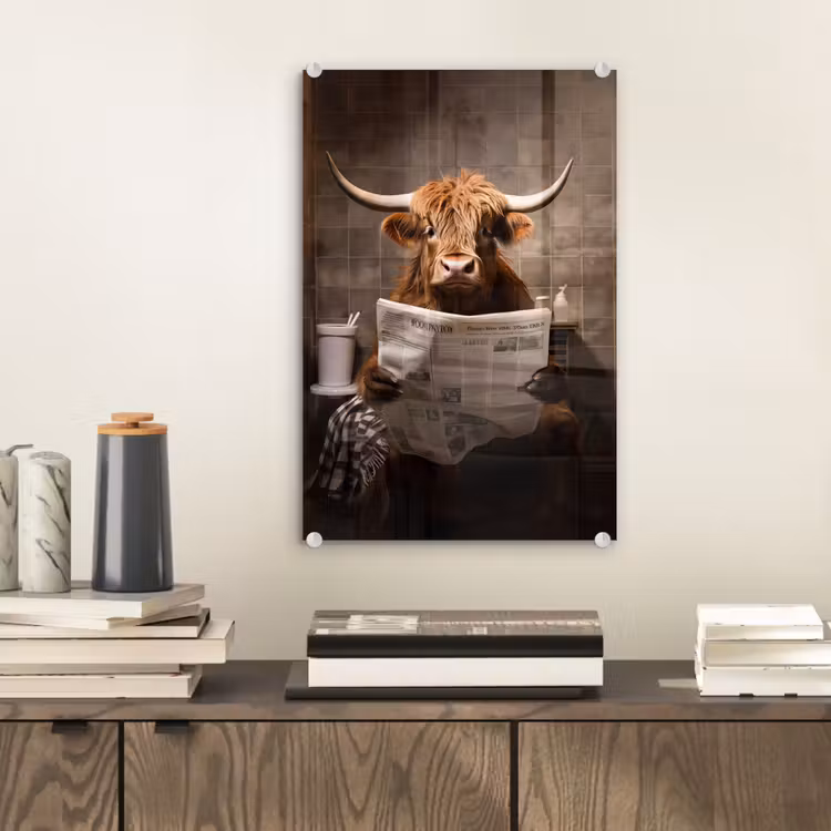 Glas schilderij - Schotse hooglander - Krant - Toilet — 2