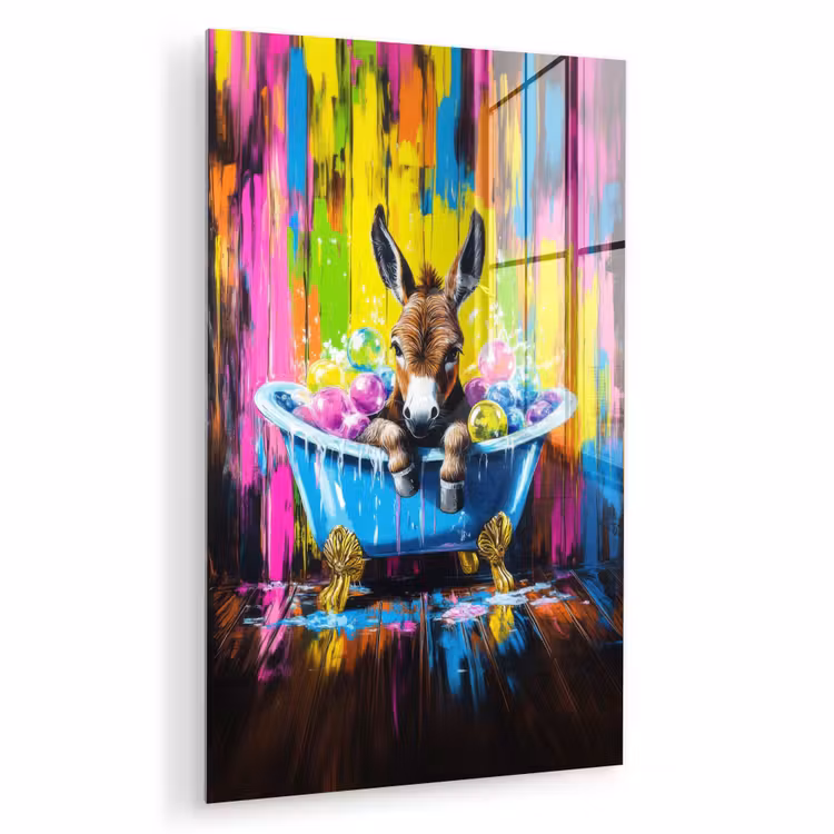 Glas schilderij - Ezel - Badkuip - Roze - Schuim — 1