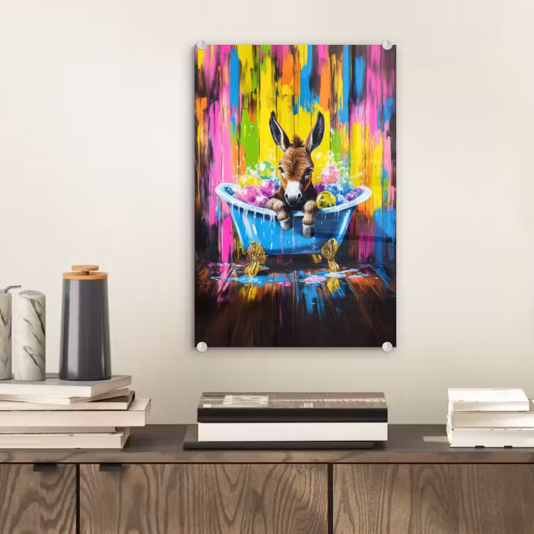 Glas schilderij - Ezel - Badkuip - Roze - Schuim — 2